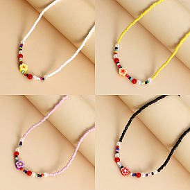 Bohemian Solid Color Small Bead Soft Clay Flower Necklace Vintage Contrast Beaded Chain for Women