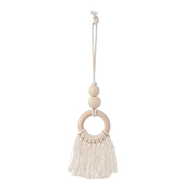 Natural Wood Bead Tassel Pendant Decoraiton, Macrame Cotton Cord Hanging Ornament