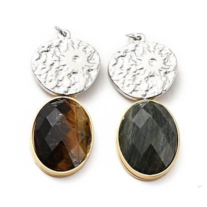 Faceted Natural Gemstone Pendants, with Ion Plating(IP) 304 Stainless Steel Findings, Flat Round & Oval Charms, Golden & Stainless Steel Color