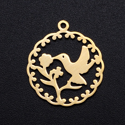 201 Stainless Steel Pendants, Filigree Joiners Findings, Laser Cut, Flower with Hummingbird