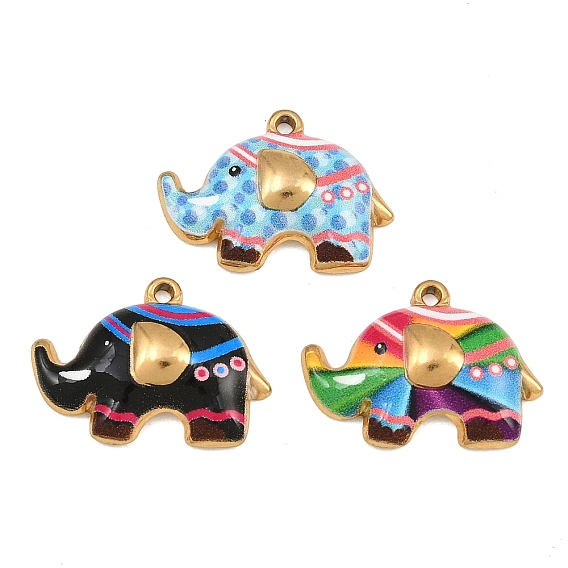 304 Stainless Steel Pendants, Elephant Charms, Ion Plating(IP), Real 18K Gold Plated