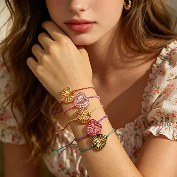 Boho Handmade Lampwork Heart Adjustable Braided Cotton Cord Bracelets for Women
