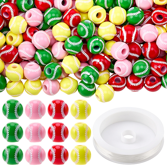 Spray Printed Opaque Acrylic European Beads, Large Hole Beads, with Elastic Crystal Thread, Tennis