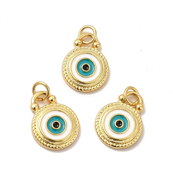 Rack Plating Brass Enamel Pendants, with Jump Rings, Long-Lasting Plated, Lead Free & Cadmium Free, Flat Round with Evil Eye Charm