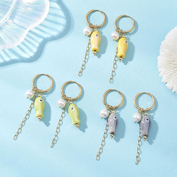 304 серьги-кольца из нержавеющей стали, с фарфоровыми бусинами и латунными бусинами, цепочка-оберег, золотые