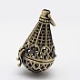 Filigree Cone Brass Cage Pendants, For Chime Ball Pendant Necklaces Making, Lead Free & Cadmium Free, 40.5x25.5x22mm, Hole: 6x5mm, Inner: 18mm