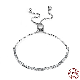 Clear Cubic Zirconia Tennis Bracelet, Adjustable 925 Sterling Silver Slider Bracelets, with 925 Stamp