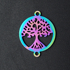 Ion Plating(IP) 201 Stainless Steel Links Connectors, Laser Cut, for Religion, Flat Round with Tree of Life