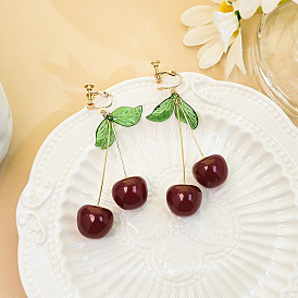 Resin Clip-on Earrings, Jewely for Women, Cherry, Golden