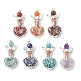 7Pcs 7 Styles Gemstone Heart Glass Bottle Pendants, with Alloy Angeltee Beads