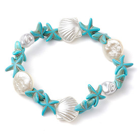Synthetic Turquoise & ABS Plastic Imitation Pearl Beaded Stretch Bracelets, Summer Beach Starfish & Shell Shape Bracelets for Women Men