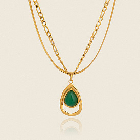 304 Двухслойные ожерелья с подвеской в форме капли из нержавеющей стали и окрашенного натурального говлита для женщин, зелёные