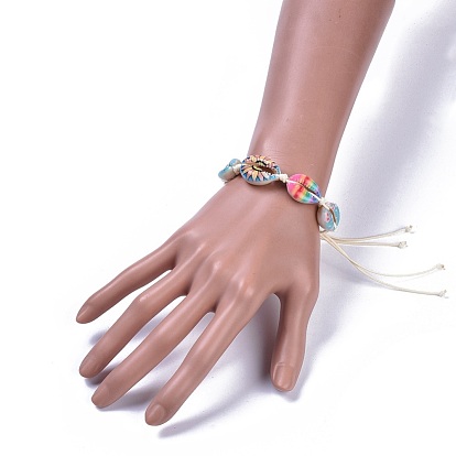 Adjustable Printed Cowrie Shell Braided Bead Bracelets, with Eco-Friendly Korean Waxed Polyester Cord