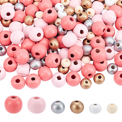 200Pcs 6 Style Wooden Beads, Round