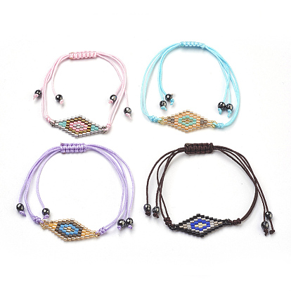 Semillas de cristal ajustables abalorios pulseras de cuentas trenzadas, Con hilo de nailon y cuentas de hematita sintética no magnética., rombo