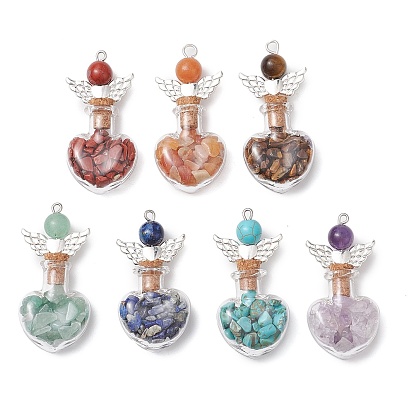 7Pcs 7 Styles Gemstone Heart Glass Bottle Pendants, with Alloy Angeltee Beads