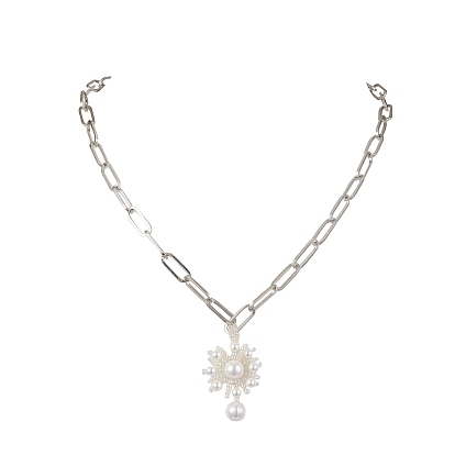 Flower Glass Seed Bead & Shell Pearl Pendant Necklaces, Iron Paperclip Chain Necklaces