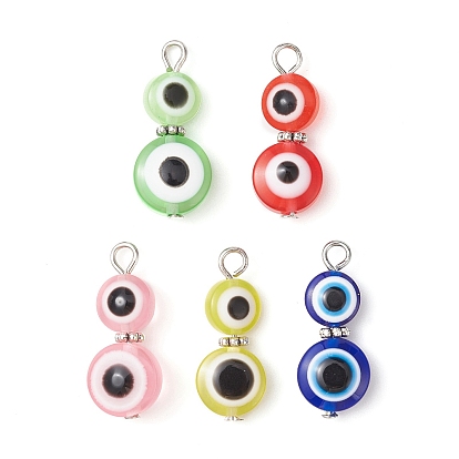 Evil Eye Resin Pendants, Double Flat Round Lucky Eye Charms with Antique Silver Plated Alloy Beads