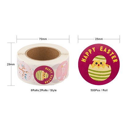 6 Rolls 3 Style Flat Round Easter Theme Pattern Tag Stickers, Self-Adhesive Paper Gift Tag Stickers, for Party Decorative Presents