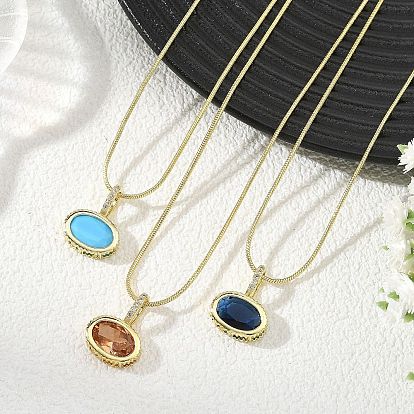 Brass Pave Cubic Zirconia Oval Pendant Flat Snake Chain Necklaces, Golden