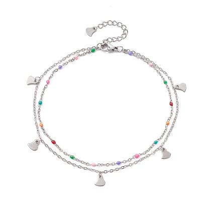 304 Stainless Steel Cable Chains Double Layer Anklets, with 201 Stainless Steel Heart Charms