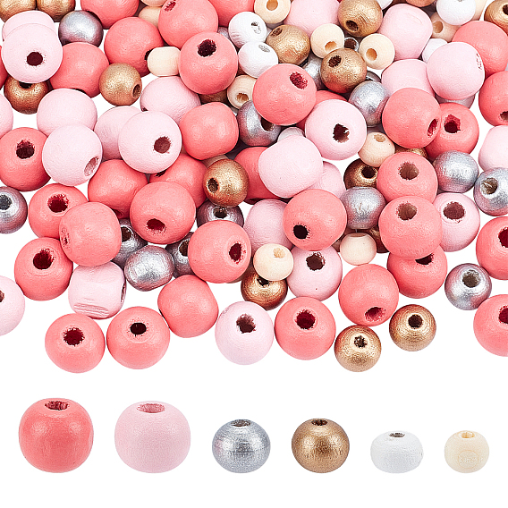 200Pcs 6 Style Wooden Beads, Round