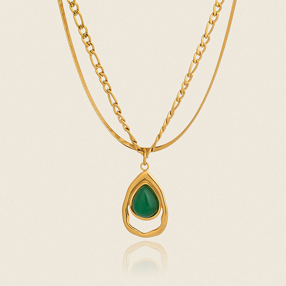 304 Двухслойные ожерелья с подвеской в форме капли из нержавеющей стали и окрашенного натурального говлита для женщин, зелёные