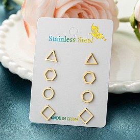 304 Stainless Steel Earrings Sets, Triangle & Round & Hexagon & Square