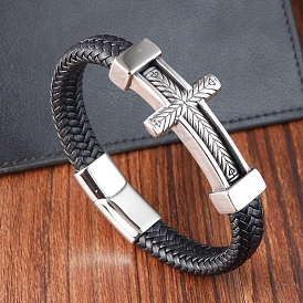 Woven Imitation Leather Cord Bracelets, Cross Stainless Steel Links for Men Women