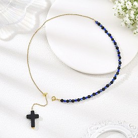 Natural Lava Rock & Evil Eye Lampwork 304 Stainless Steel Cable Chain Lariat Necklaces for Women, with Dyed Synthetic Turquoise Black Religion Cross Pendants