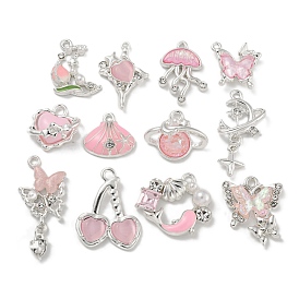 Alloy Rhinestone & Enamel Pendants, with ABS Imitation Pearls and Resin, Lead Free & Cadmium Free, Silver, Mixed Shapes