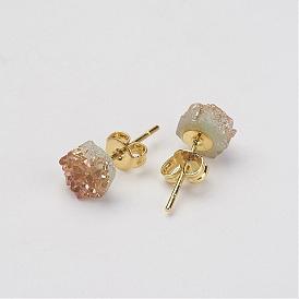 Druzy Quartz Crystal Stud Earrings, with Brass Findings