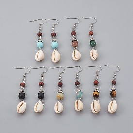 Круглые серьги болтаться драгоценного камня, с каури, бусины из натурального сандалового дерева и серьги из нержавеющей стали 304