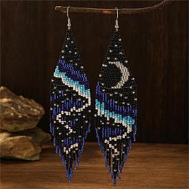 Bohemian Style Handmade Beaded Dangle Earrings with Moon and Aurora Pattern