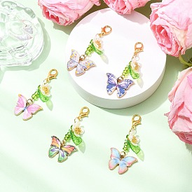 6шт. бабочка сплав эмаль подвеска украшения, со стеклянными и акриловыми бусинами и застежками-карабинами из сплава