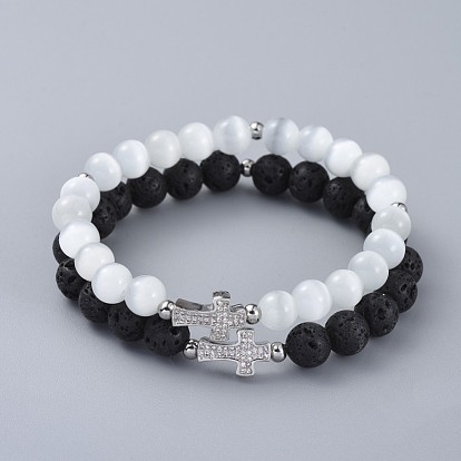 Stretch Bracelet Sets, with Cat Eye Round Beads, Natural Lava Rock Round Beads, Brass Cubic Zirconia Cross Beads and 304 Stainless Steel Spacer Beads, with Burlap Paking Pouches Drawstring Bags