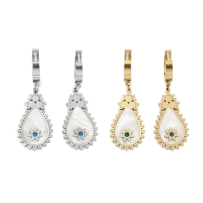 Teardrop 304 Stainless Steel Shell Dangle Earrings, Rhinestone Hoop Earrings for Women