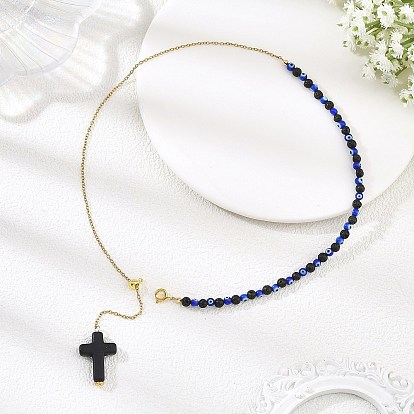 Natural Lava Rock & Evil Eye Lampwork 304 Stainless Steel Cable Chain Lariat Necklaces for Women, with Dyed Synthetic Turquoise Black Religion Cross Pendants