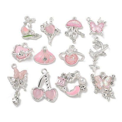 Подвески из сплава со стразами и эмалью, с искусственным жемчугом из АБС и смолой, без свинца и без кадмия, серебряные, разнообразные