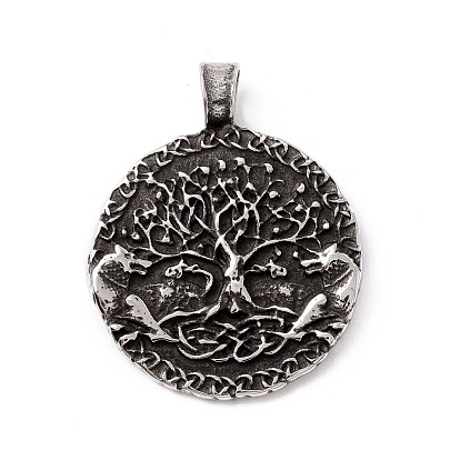 Tibetan Style 304 Stainless Steel Pendants, Flat Round with Tree