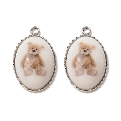 Printed 303 Stainless Steel Acrylic Pendants, Oval with Bear Pattern Charms