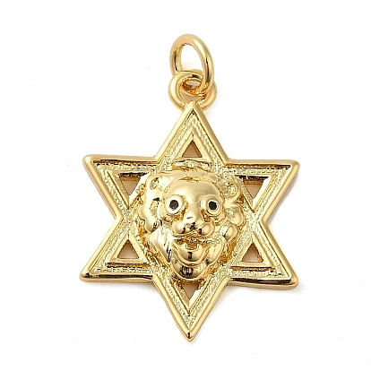 Rack Plating Brass Micro Pave Cubic Zirconia Pendants, Cadmium Free & Lead Free, Long-Lasting Plated, Star with Lion