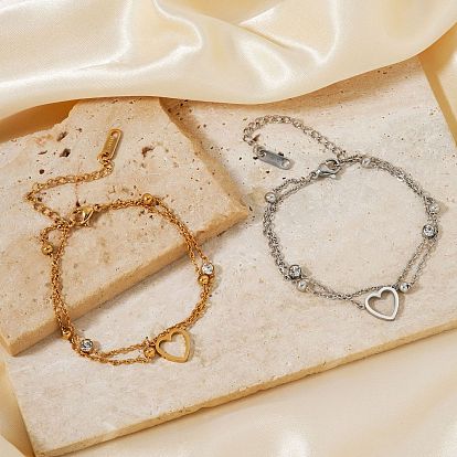 Изысканные женские браслеты из нержавеющей стали с кристаллами и стразами, 2-нити, с звеньями в форме сердца