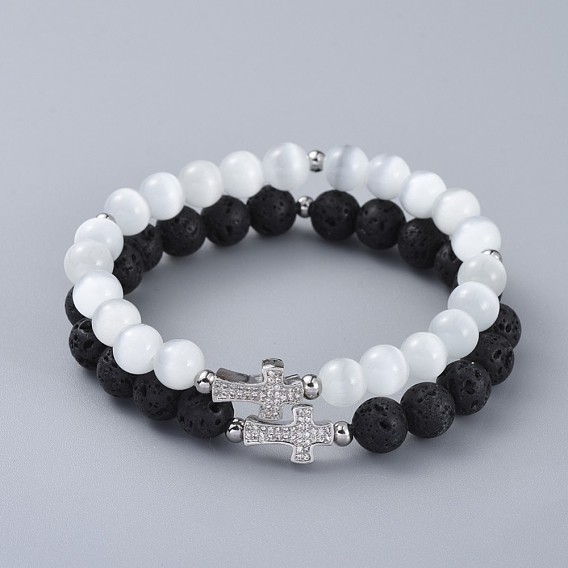 Stretch Bracelet Sets, with Cat Eye Round Beads, Natural Lava Rock Round Beads, Brass Cubic Zirconia Cross Beads and 304 Stainless Steel Spacer Beads, with Burlap Paking Pouches Drawstring Bags
