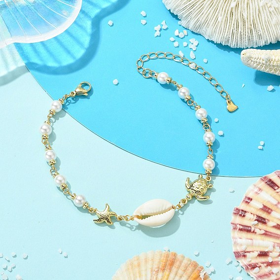 304 Stainless Steel Anklets, with Natural Mixed Cowrie Shell Beads, Shell Pearl Beads, Soldered Brass Curb Chains and 201 Stainless Steel Charms