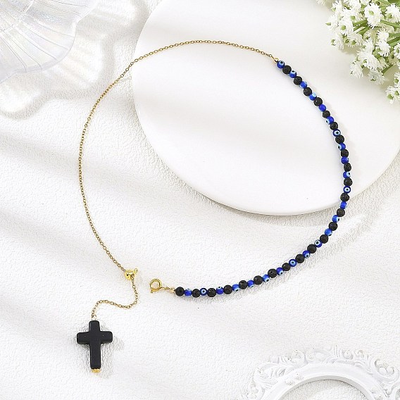 Natural Lava Rock & Evil Eye Lampwork 304 Stainless Steel Cable Chain Lariat Necklaces for Women, with Dyed Synthetic Turquoise Black Religion Cross Pendants