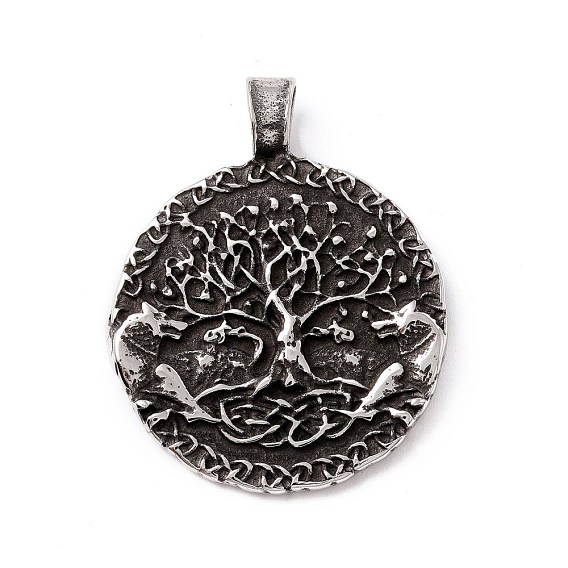 Tibetan Style 304 Stainless Steel Pendants, Flat Round with Tree