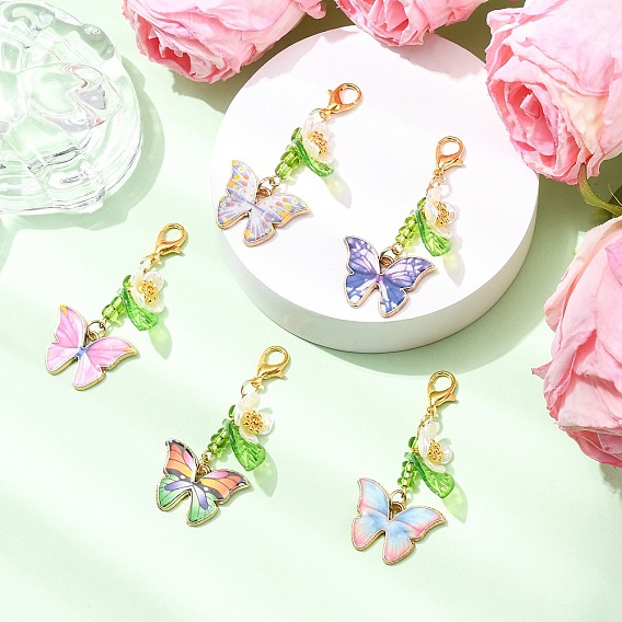 6шт. бабочка сплав эмаль подвеска украшения, со стеклянными и акриловыми бусинами и застежками-карабинами из сплава