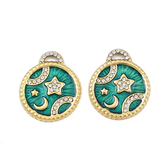 304 из нержавеющей стали горный хрусталь подвески, плоские круглые со звездой, Эмаль стиле, ионное покрытие (ip), ручная полировка