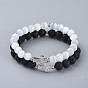 Stretch Bracelet Sets, with Cat Eye Round Beads, Natural Lava Rock Round Beads, Brass Cubic Zirconia Cross Beads and 304 Stainless Steel Spacer Beads, with Burlap Paking Pouches Drawstring Bags